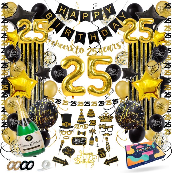 Fissaly® 25 Jaar Verjaardag Decoratie Versiering - Ballonnen – Jubileum Man & Vrouw - Zwart en Goud