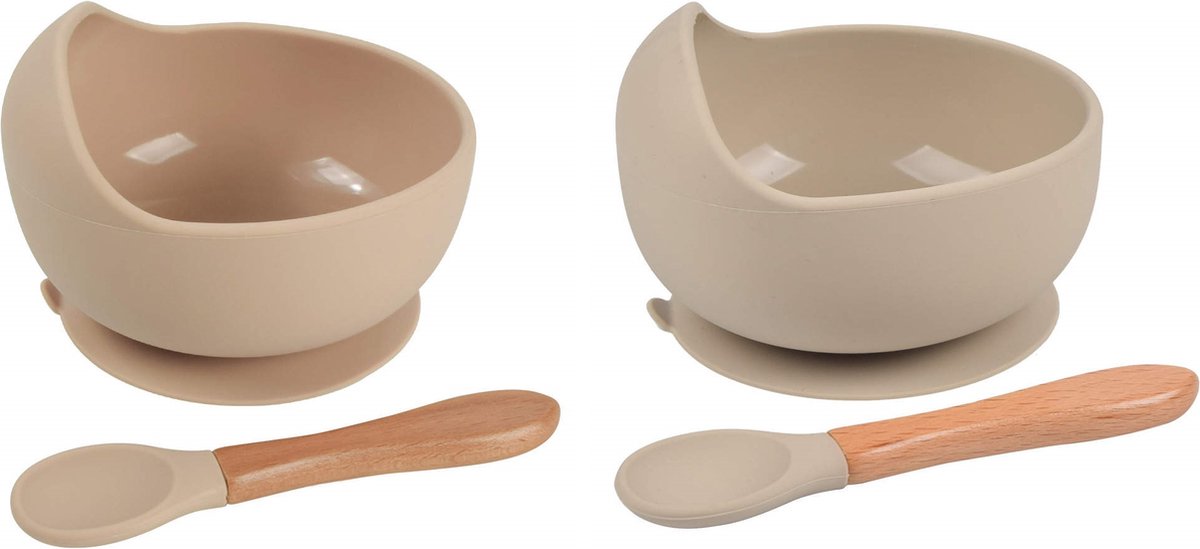 Goedkoopste 2 Stuks - Baby Kommetjes Bordjes met Zuignap met Lepel - Beige Taupe - Siliconen Kom Onbreekbaar
