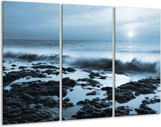 Glasschilderij Zee, Strand - Blauw - 120x80cm 3Luik - Foto Op Glas - Geen Acrylglas Schilderij - GroepArt 6000+ Glas Art Collectie - Maatwerk Mogelijk