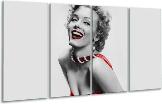 GroepArt - Glasschilderij - Marilyn Monroe - Grijs, Rood, Zwart - 160x80cm 4Luik - Foto Op Glas - Geen Acrylglas Schilderij - 6000+ Glasschilderijen Collectie - Wanddecoratie