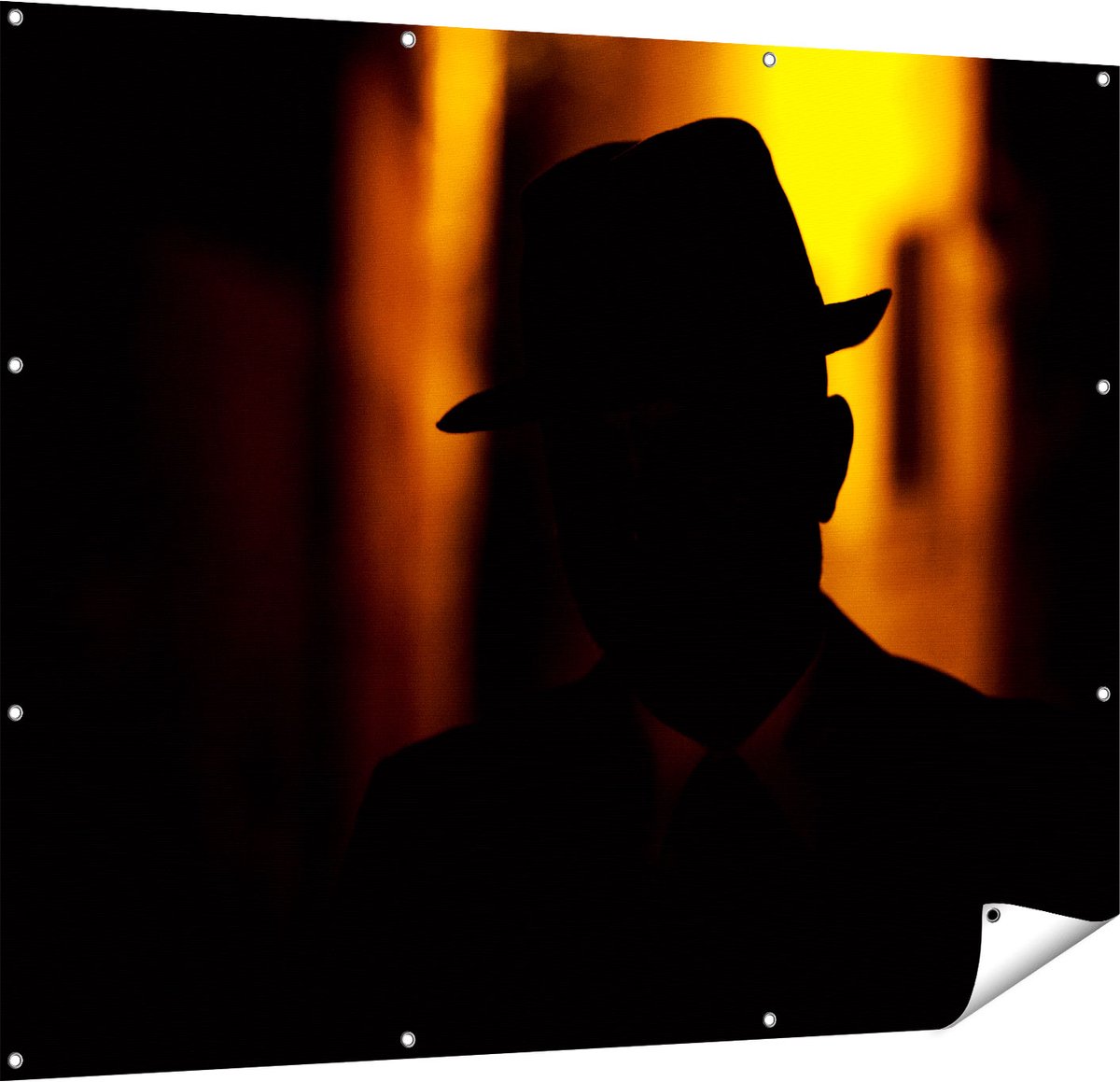 Gards Tuinposter Silhouet van een Man met een Hoed - 150x120 cm - Tuindoek - Tuindecoratie - Wanddecoratie buiten - Tuinschilderij Multikleur