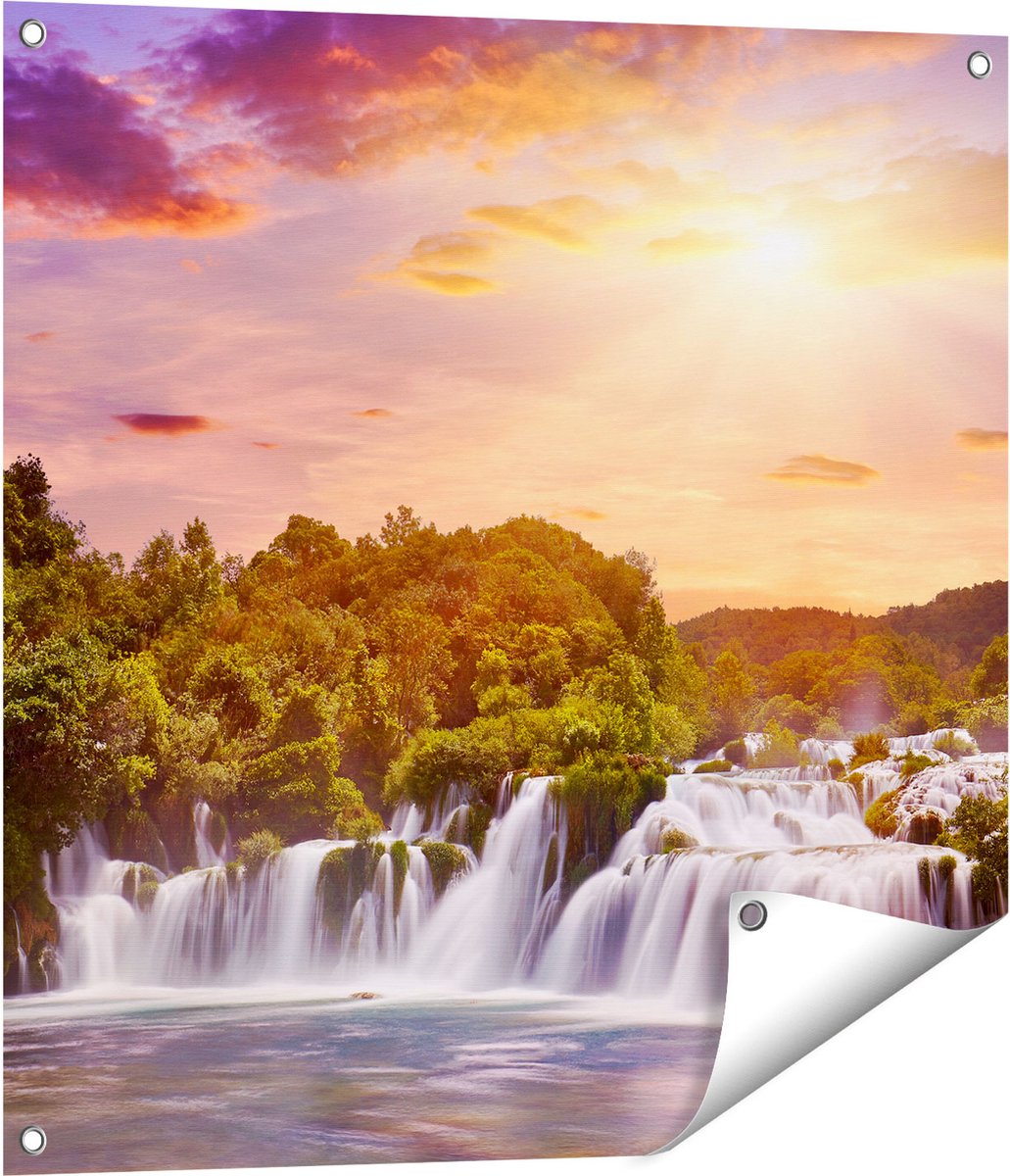 Gards Tuinposter Watervallen in het Bos - 70x70 cm - Tuindoek - Tuindecoratie - Wanddecoratie buiten - Tuinschilderij Multikleur