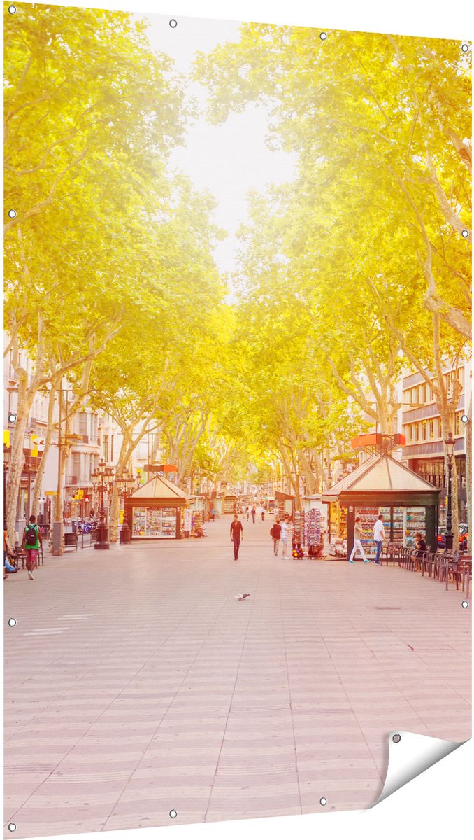 Gards Tuinposter De Ramblas Straat in Barcelona - 120x180 cm - Tuindoek - Tuindecoratie - Wanddecoratie buiten - Tuinschilderij Multikleur