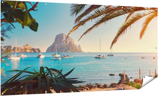 Gars Affiche jardin Ibiza Cala d'Hort Beach - 200x100 cm - Toile jardin - Décoration de jardin - Décoration murale extérieur - Peinture jardin