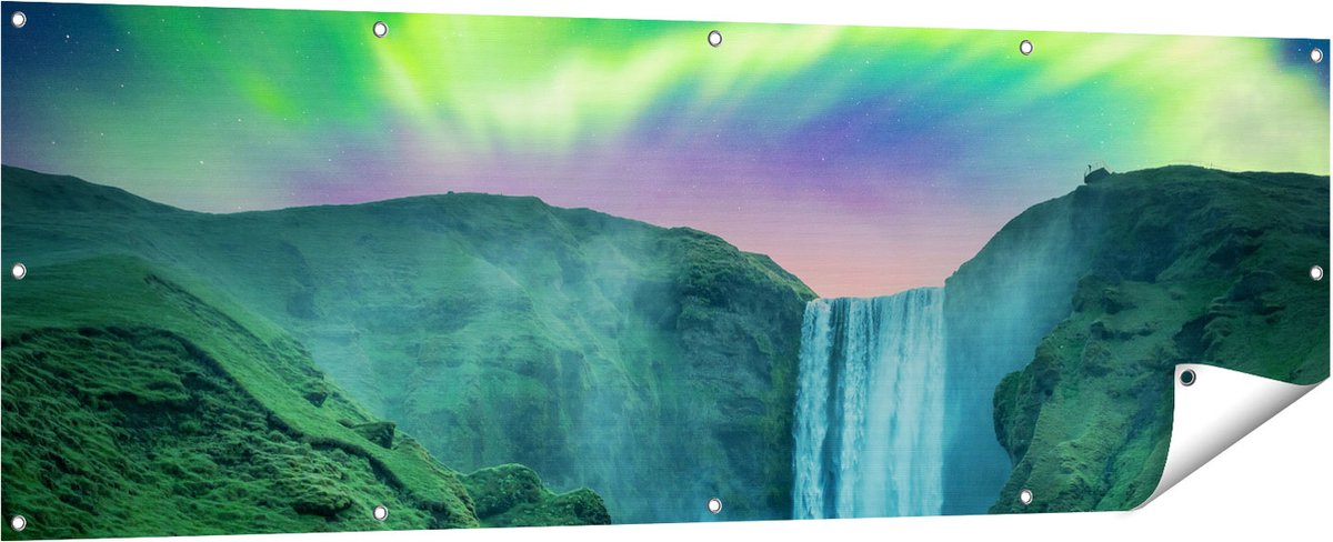 Gards Tuinposter Waterval met het Groene Noorderlicht - 180x60 cm - Tuindoek - Tuindecoratie - Wanddecoratie buiten - Tuinschilderij Multikleur