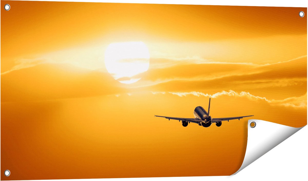 Gards Tuinposter Vliegtuig bij Zonsondergang - 100x50 cm - Tuindoek - Tuindecoratie - Wanddecoratie buiten - Tuinschilderij Multikleur