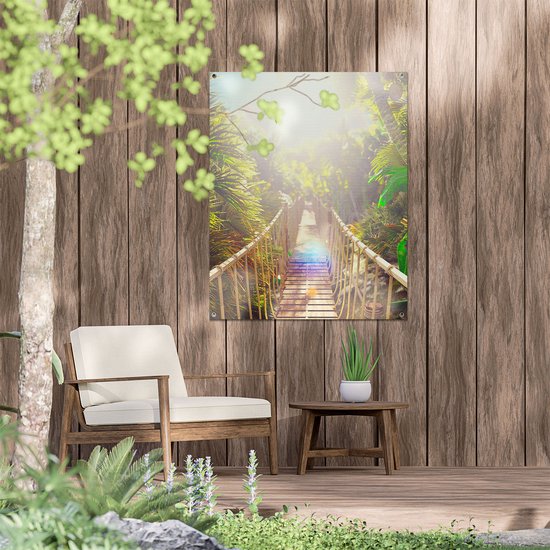 Gards Tuinposter Houten Brug in de Tropische Jungle - 80x100 cm - Tuindoek - Tuindecoratie - Wanddecoratie buiten - Tuinschilderij