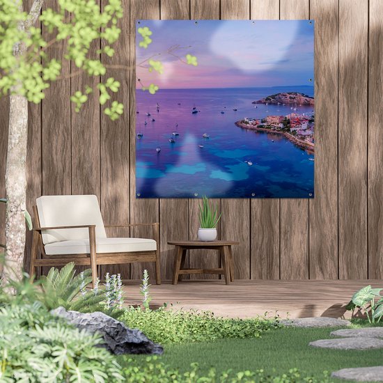 Gars Affiche de jardin Ibiza avec des Bateaux sur l' Water au lever du soleil - 120x120 cm - Toile de jardin - Décoration de jardin - Décoration murale extérieur - Tableau de jardin