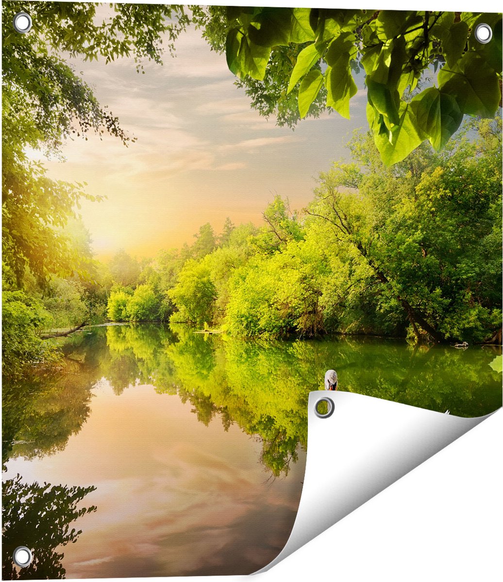 Gards Tuinposter Zwaan op het Water in het Bos - 50x50 cm - Tuindoek - Tuindecoratie - Wanddecoratie buiten - Tuinschilderij Multikleur