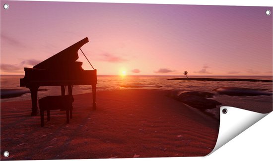 Gards Tuinposter Piano op het Strand bij Zonsondergang - 100x50 cm - Tuindoek - Tuindecoratie - Wanddecoratie buiten - Tuinschilderij