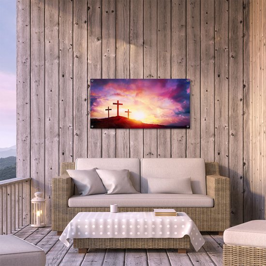 Gards Affiche de jardin Crucifixion de Jésus Christ - Trois Croix - 100x50 cm - Toile jardin - Décoration de jardin - Décoration murale extérieur - Tableau jardin