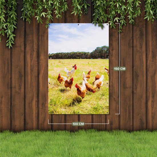 Gars Affiche jardin Poules dans l'herbe - 100x150 cm - Toile jardin - Décoration de jardin - Décoration murale extérieur - Tableau jardin