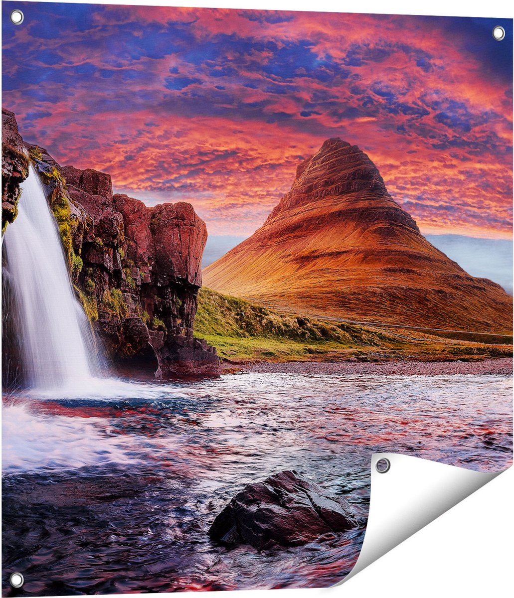 Gards Tuinposter Waterval bij een Berg - 70x70 cm - Tuindoek - Tuindecoratie - Wanddecoratie buiten - Tuinschilderij Multikleur