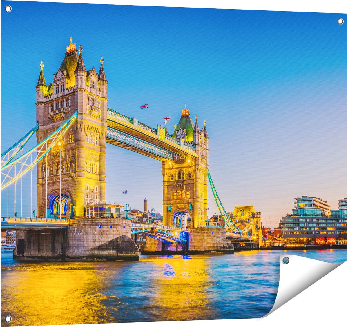 Gards Tuinposter Tower Bridge in Londen met Verlichting - 100x80 cm - Tuindoek - Tuindecoratie - Wanddecoratie buiten - Tuinschilderij Multikleur