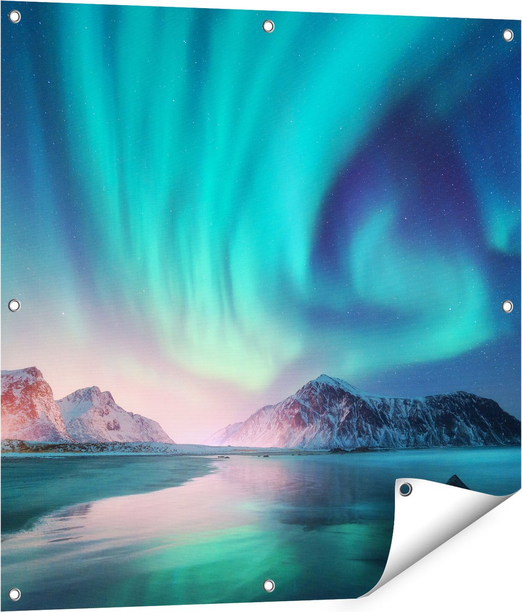 Gards Tuinposter Groene Noorderlicht in Noorwegen - 80x80 cm - Tuindoek - Tuindecoratie - Wanddecoratie buiten - Tuinschilderij Multikleur