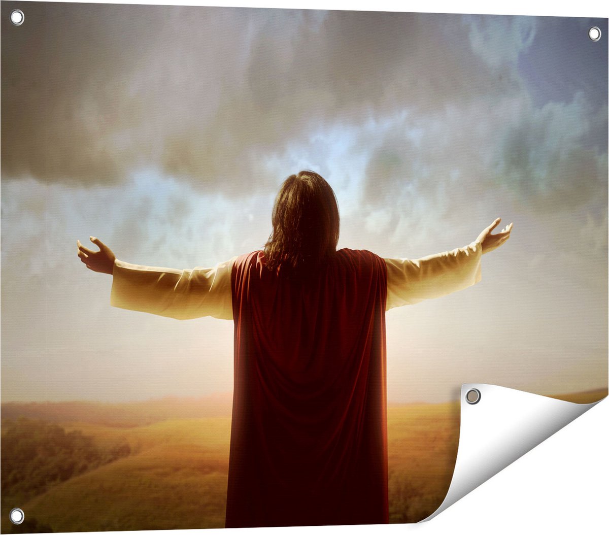Gards Tuinposter Jezus Christus aan het Bidden bij Zonsopgang - 80x60 cm - Tuindoek - Tuindecoratie - Wanddecoratie buiten - Tuinschilderij Multikleur