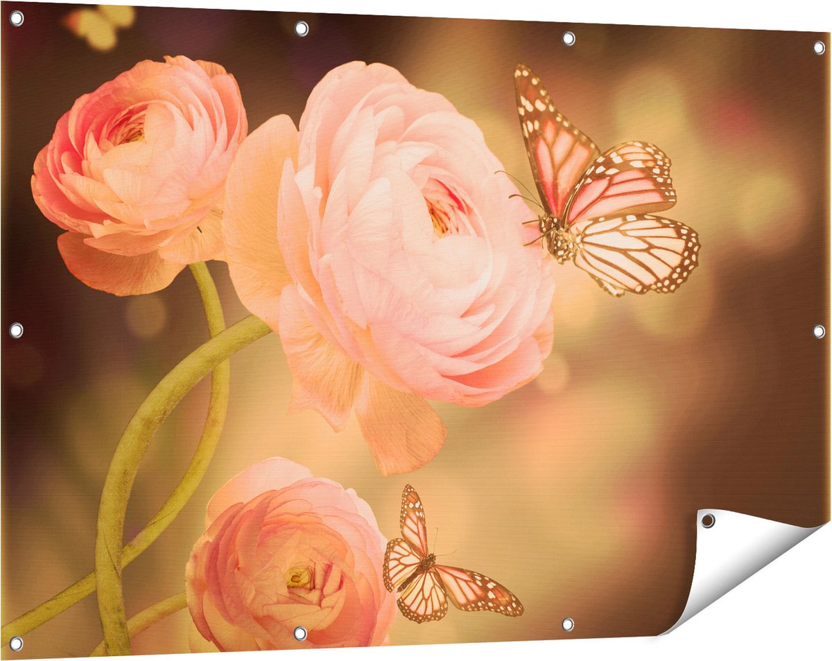 Gards Tuinposter Twee Roze Vlinders bij Roze Rozen - 120x80 cm - Tuindoek - Tuindecoratie - Wanddecoratie buiten - Tuinschilderij Multikleur