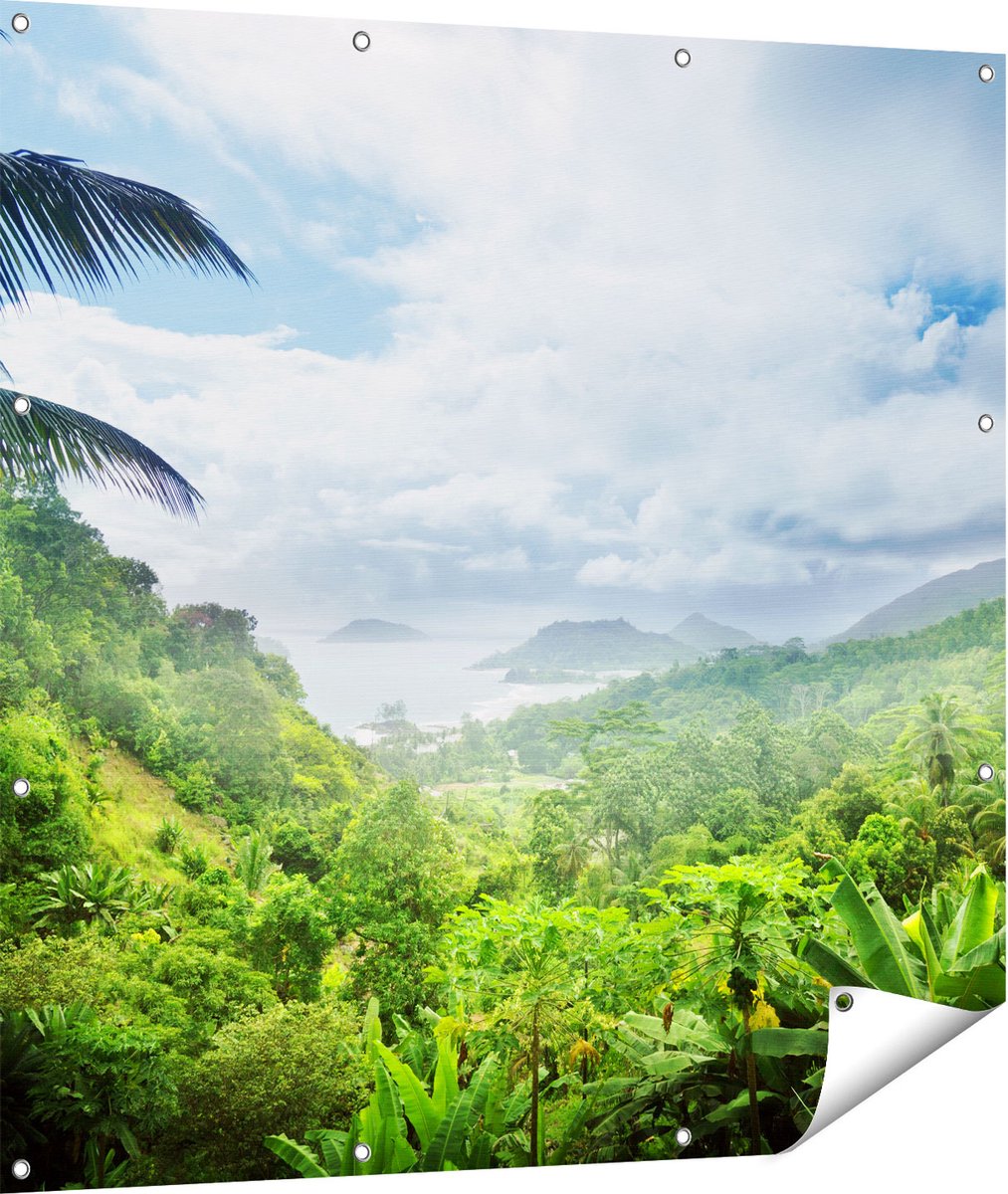 Gards Tuinposter Jungle Uitzicht op de Seychellen - 110x110 cm - Tuindoek - Tuindecoratie - Wanddecoratie buiten - Tuinschilderij Multikleur