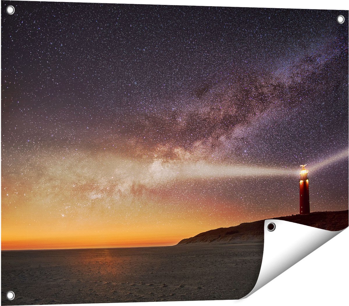 Gards Tuinposter Vuurtoren Texel in de Nacht - 80x60 cm - Tuindoek - Tuindecoratie - Wanddecoratie buiten - Tuinschilderij Multikleur