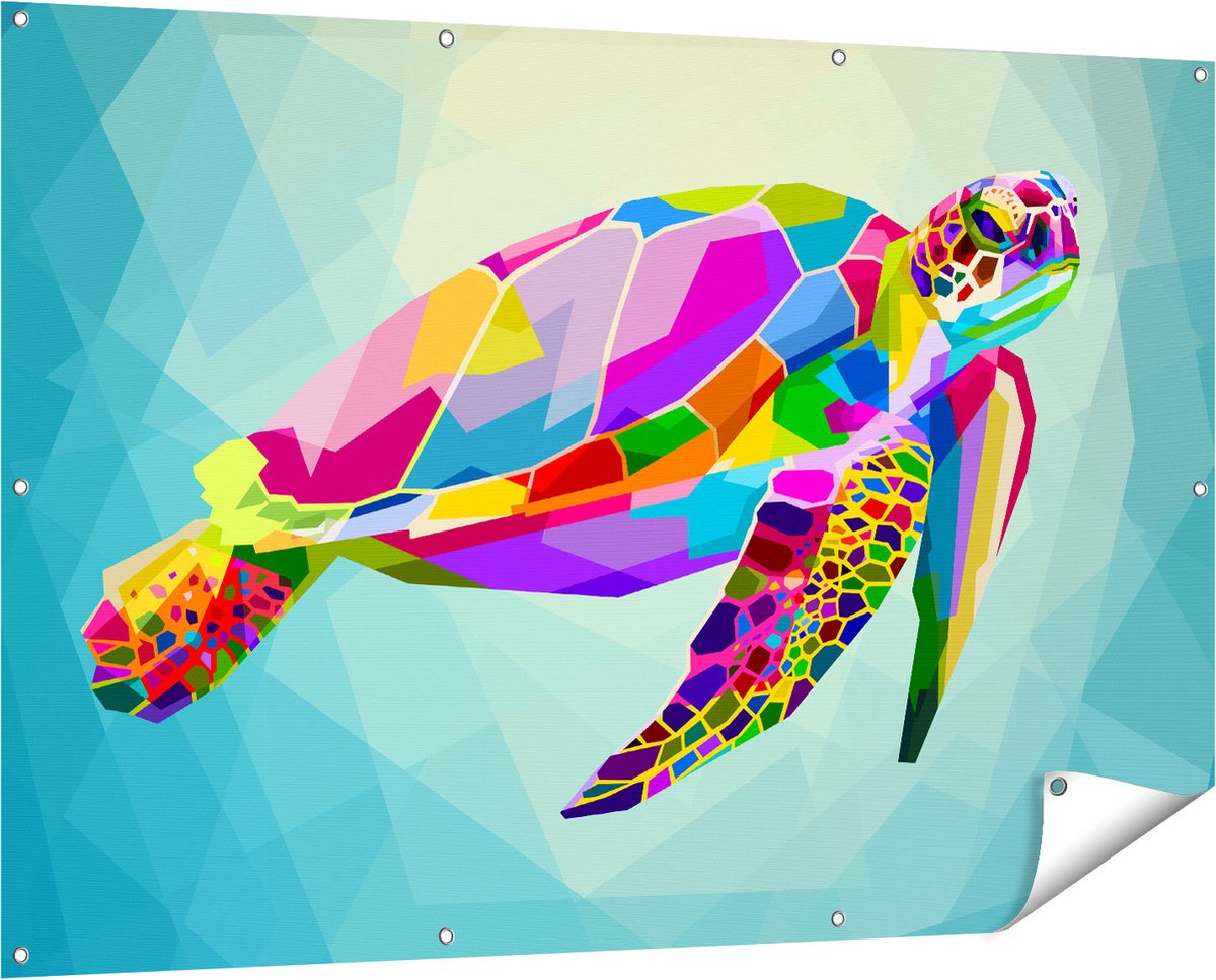 Gards Tuinposter Kleurrijke Schildpad in het Water - 150x100 cm - Tuindoek - Tuindecoratie - Wanddecoratie buiten - Tuinschilderij Multikleur