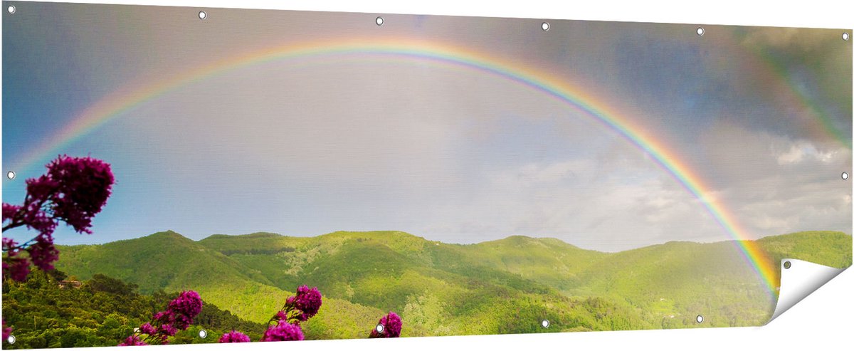 Gards Tuinposter Regenboog in de Heuvel Bossen - 210x70 cm - Tuindoek - Tuindecoratie - Wanddecoratie buiten - Tuinschilderij Multikleur