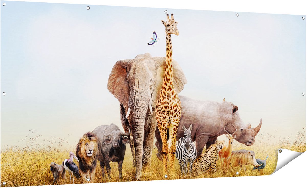 Gards Tuinposter Afrikaanse Dieren op het Gras - Afrika - 200x100 cm - Tuindoek - Tuindecoratie - Wanddecoratie buiten - Tuinschilderij Multikleur
