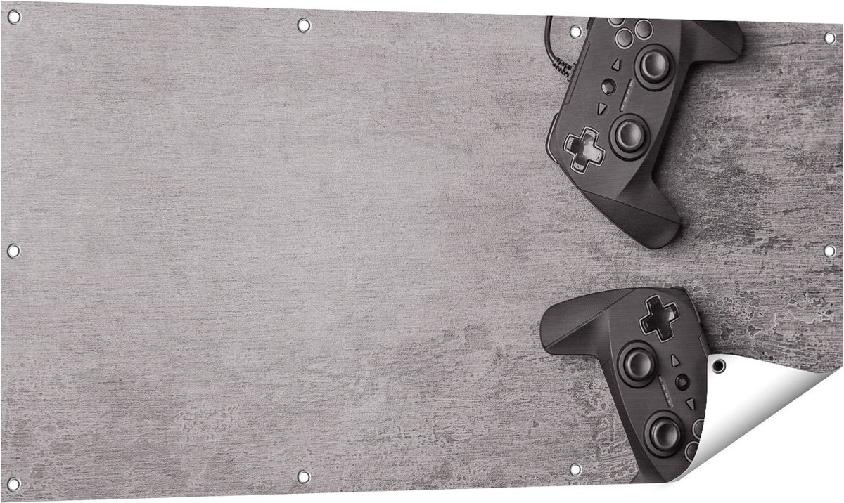 Gards Tuinposter Twee Game Controllers op Tafel - Gaming - 120x60 cm - Tuindoek - Tuindecoratie - Wanddecoratie buiten - Tuinschilderij Multikleur