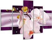 Glasschilderij -  Orchidee - Paars, Wit, Grijs - 100x70cm 5Luik - Geen Acrylglas Schilderij - GroepArt 6000+ Glasschilderijen Collectie - Wanddecoratie- Foto Op Glas