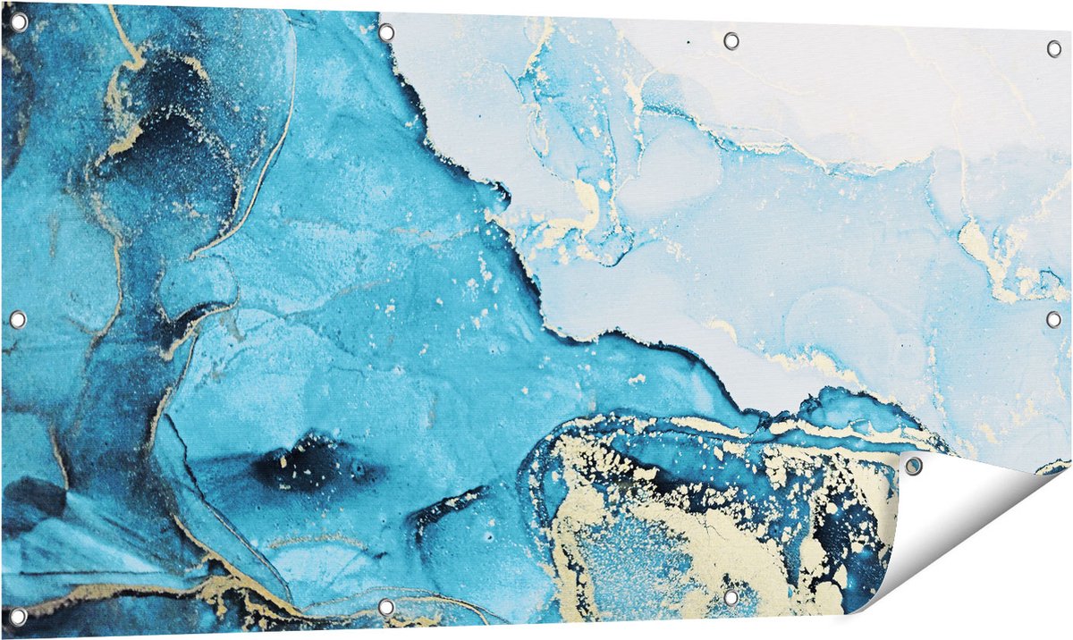 Gards Tuinposter Abstracte Kunst van Blauwe Marmer met Goud - 120x60 cm - Tuindoek - Tuindecoratie - Wanddecoratie buiten - Tuinschilderij Multikleur