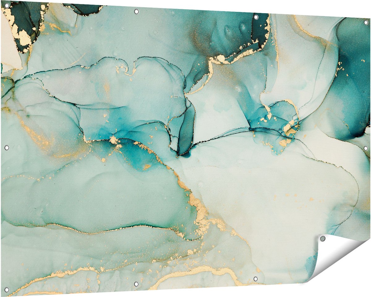 Gards Tuinposter Abstracte Kunst - Blauwe Marmer met Goud - 150x100 cm - Tuindoek - Tuindecoratie - Wanddecoratie buiten - Tuinschilderij Multikleur