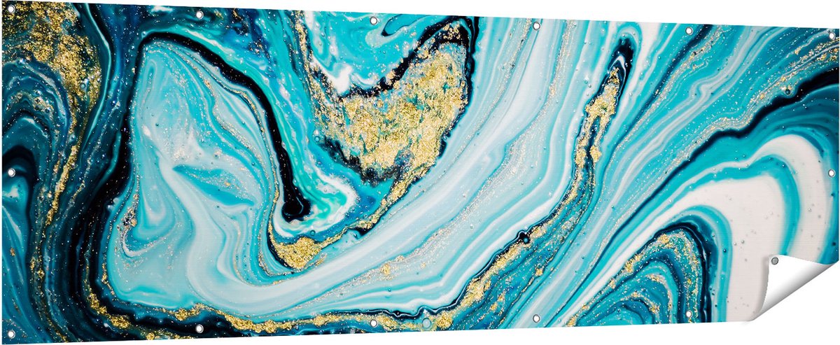 Gards Tuinposter Abstracte Luxe Kunst in het Blauw met Goud - 210x70 cm - Tuindoek - Tuindecoratie - Wanddecoratie buiten - Tuinschilderij Multikleur