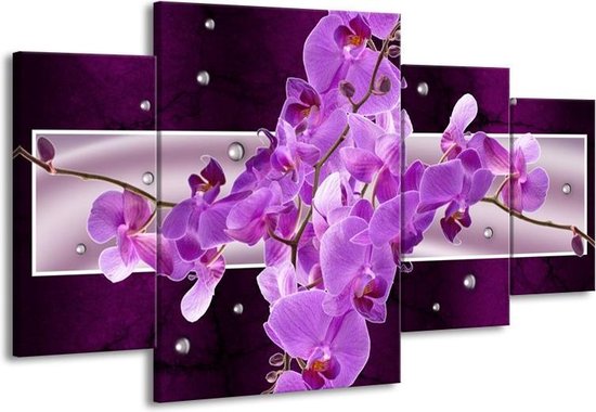 GroepArt - Schilderij -  Orchidee - Paars - 160x90cm 4Luik - Schilderij Op Canvas - Foto Op Canvas