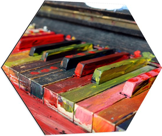 Dibond Hexagon - Pianotoetsen onder de Gekleurde Verf - 80x69.6 cm Foto op Hexagon (Met Ophangsysteem)