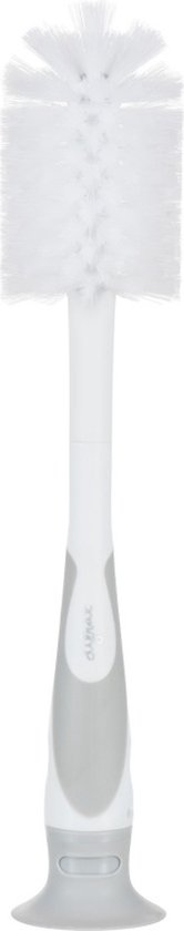Witte fles- en spenenborstel met grijze handgreep en grijze zuignap op de standaard.
