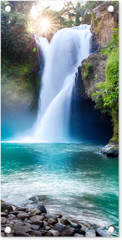 Tuinposter Waterval - Stenen - Landschap - Planten - Water - 30x60 cm - Tuindoek - Buitenposter