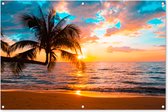 Tuinposter zonsondergang beach - Tuindecoratie strand met palmbomen - 120x80 cm - Tuinschilderij voor buiten - Tuindoek zee tropisch - Wanddecoratie tuin - Schuttingdoek - Balkon decoratie - Muurdecoratie - Buitenschilderij