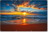 Tuinposter strand - Zonsondergang - Zee - Oranje - Avond - Tuindoek - Tuinschilderij voor buiten - Schuttingdoek - Tuindoek - 180x120 cm - Tuindecoratie - Schutting decoratie - Tuin