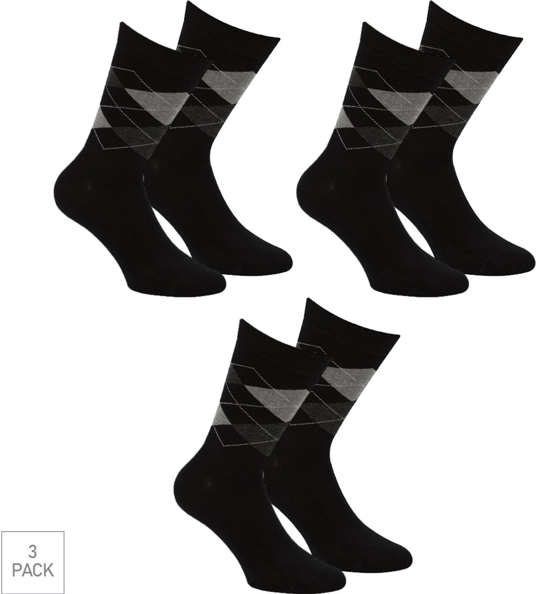 Boru Bamboo - 3-Pack - Geruite Sokken - Bamboe - Hypoallergeen - Heren / Dames - zwart - 43-45 - 2325