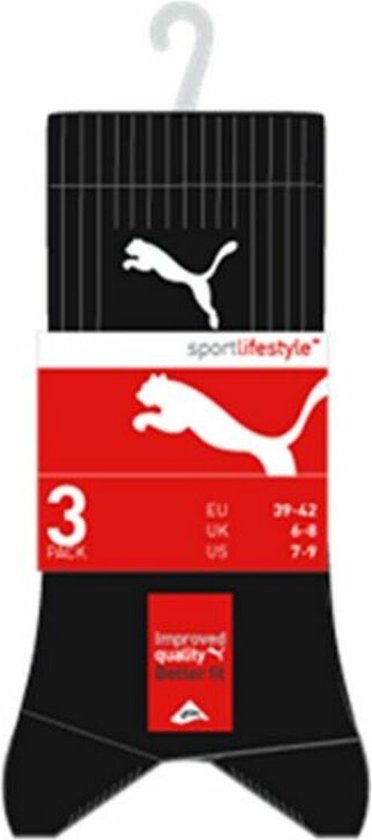 Verpakking van drie zwarte PUMA sokken met rode details en logo.