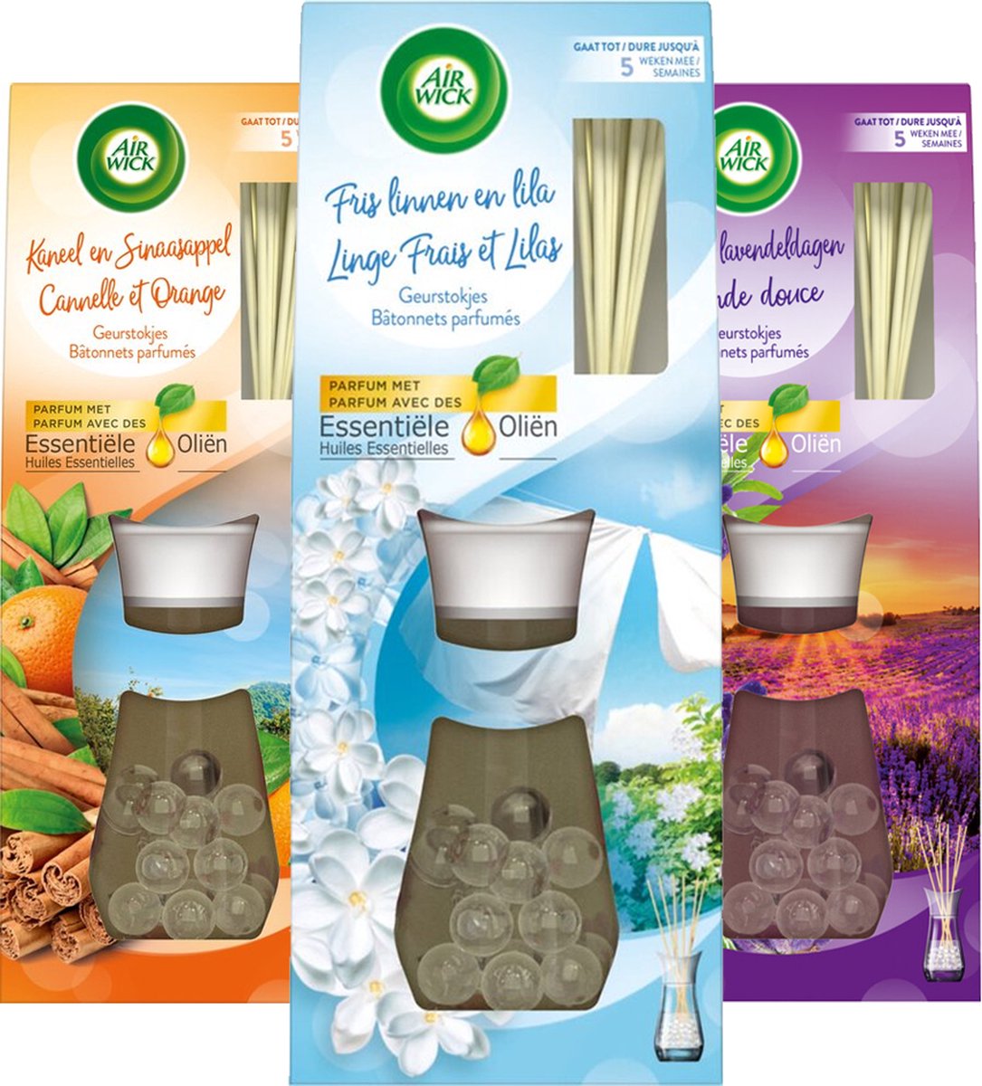 Air Wick - Reeds Essential Oils - Lavender & Cinnamon & Orange & Soft Cotton - 33ML x 3 - Voordeelverpakking