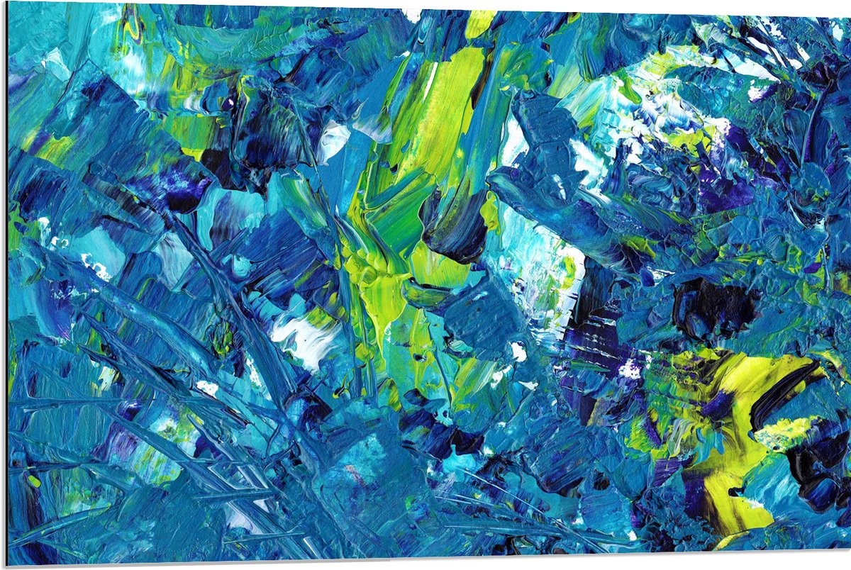 Dibond - Gemixte Verf in Blauwe en Groene Kleuren - 90x60 cm Foto op Aluminium (Met Ophangsysteem)