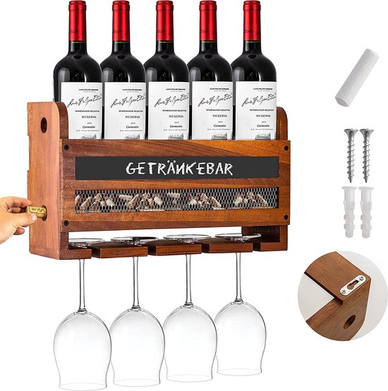 DSVONAUS Industrieel wandgemonteerd wijnrek met glashouder, zwart metalen flessenhouder multifunctioneel wijn display rek 2-traps voor thuis bar eetkamer keuken (140×20×65cm