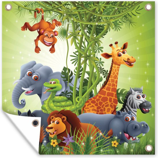 Posters de jardin Animaux de la jungle - Plantes - Enfants - Éléphant - Girafe - Lion - 50x50 cm - Toile jardin - Affiche extérieure