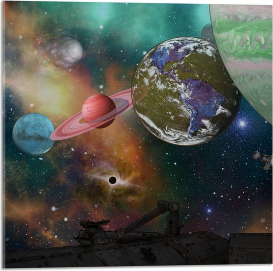 Acrylglas - Alle Planeten van het Universum vanaf Ruimteschip - 50x50 cm Foto op Acrylglas (Met Ophangsysteem)