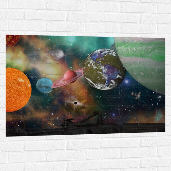 Muursticker - Alle Planeten van het Universum vanaf Ruimteschip - 105x70 cm Foto op Muursticker