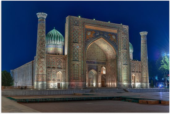 Poster Glanzend – Sher Dor Madrasah Tempel in Oezbekistan - 60x40 cm Foto op Posterpapier met Glanzende Afwerking