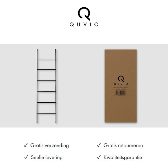 Zwarte decoratieve ladder, 171cm hoog, van metaal. Verpakt in bruine kartonnen doos met QUVIO logo.