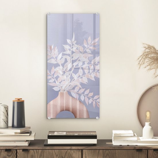 MuchoWow® Peinture sur verre 20x40 cm - Peinture sur verre acrylique - Plantes - Wit - Vase - Violet - Photo sur verre - Peintures