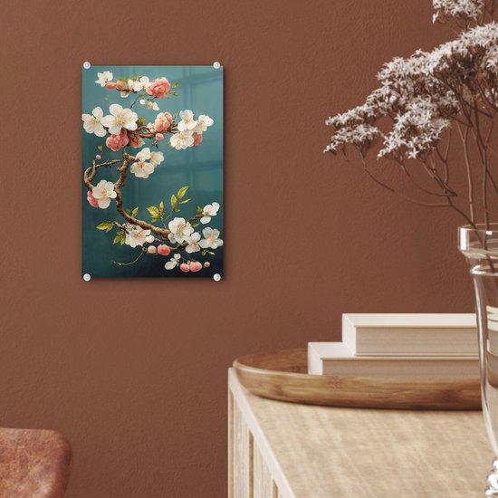 MuchoWow® Tableau sur verre 20x30 cm - Tableau sur verre acrylique - Fleurs - Fleur - Cerises - Branche - Wit - Photo sur verre - Décoration murale salon - Décoration murale chambre - Peintures