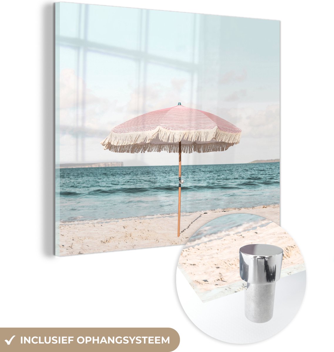 MuchoWow® Glasschilderij 90x90 cm - Schilderij acrylglas - Parasol - Strand - Zee - Wolken - Foto op glas - Schilderijen